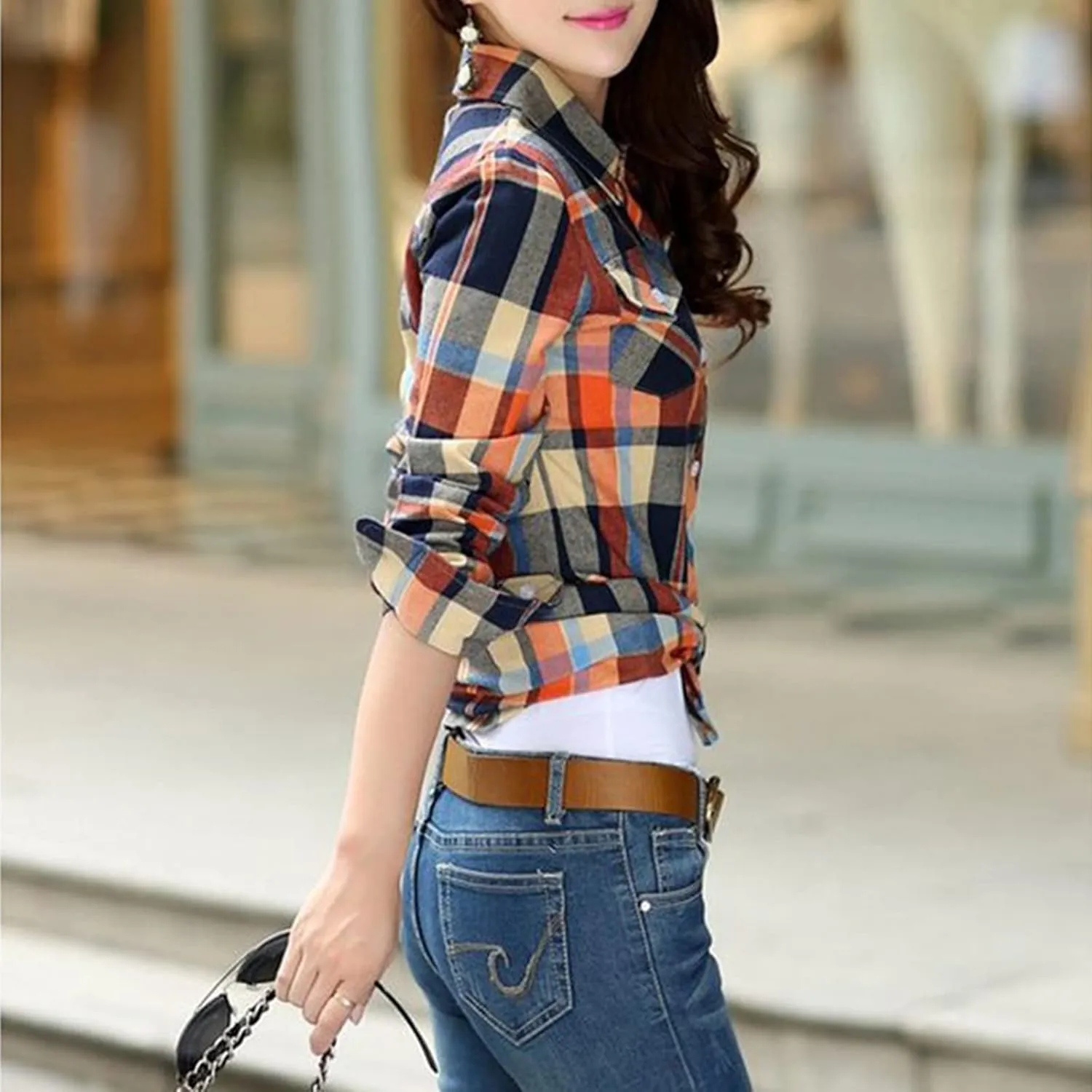 Women's Plaid Button Down Shirts Cotton Casual Long Sleeve Flannel Shirt Tops with Pocket
