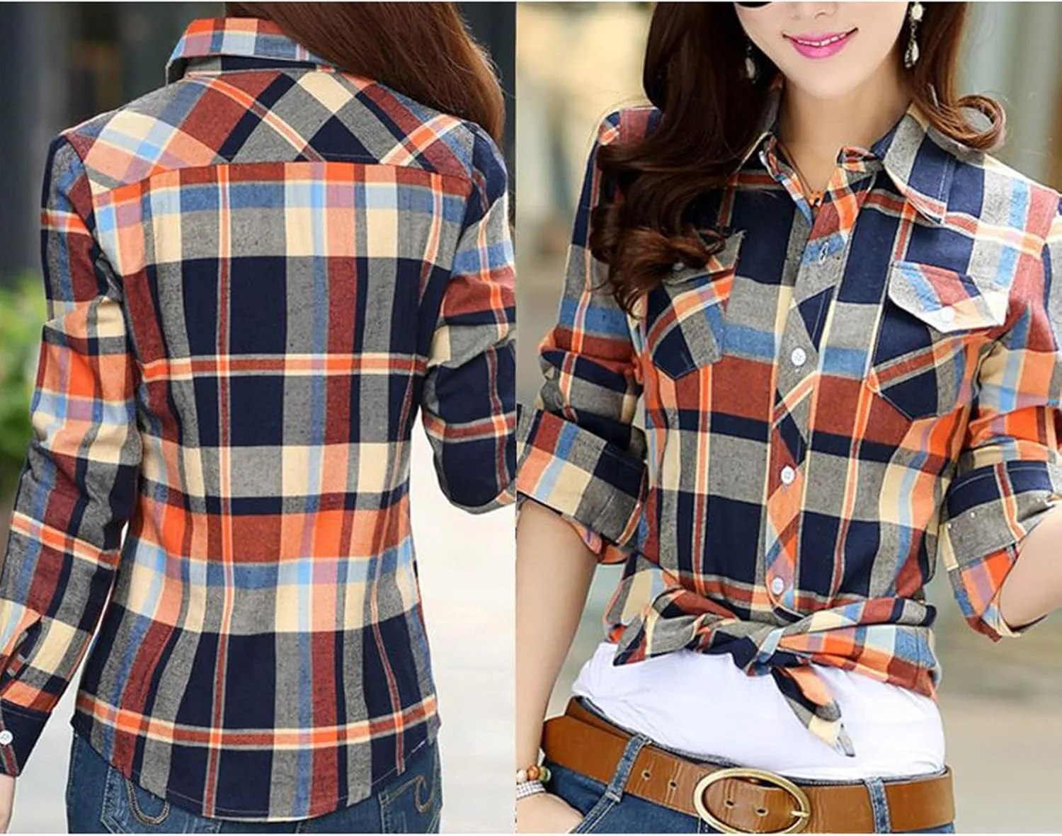 Women's Plaid Button Down Shirts Cotton Casual Long Sleeve Flannel Shirt Tops with Pocket