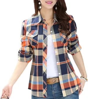 Women's Plaid Button Down Shirts Cotton Casual Long Sleeve Flannel Shirt Tops with Pocket