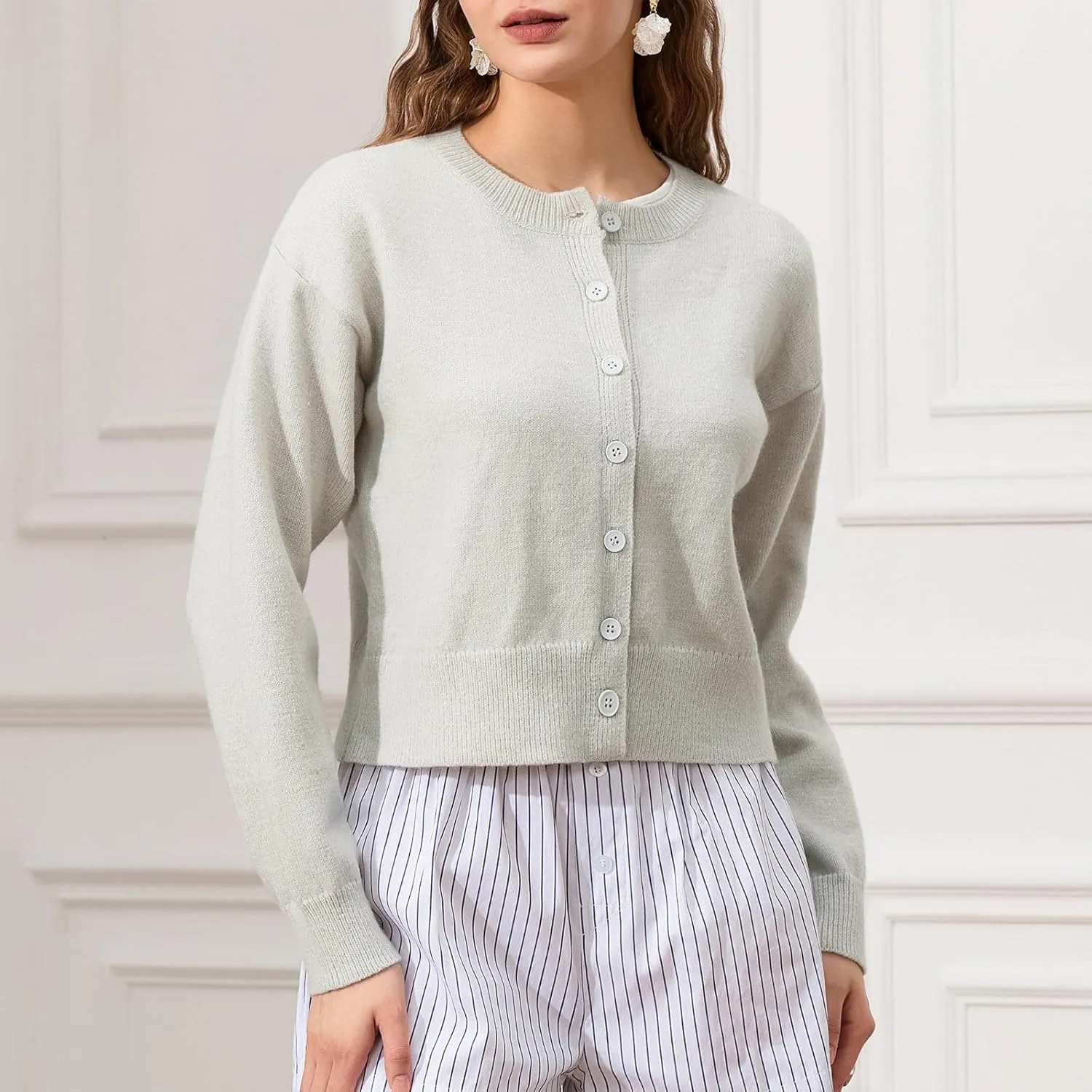 Womens Y2K Cardigan Sweaters Long Sleeve Open Front Button Down Crop Sweater Solid Knit Pullover Fall Outfits Tops