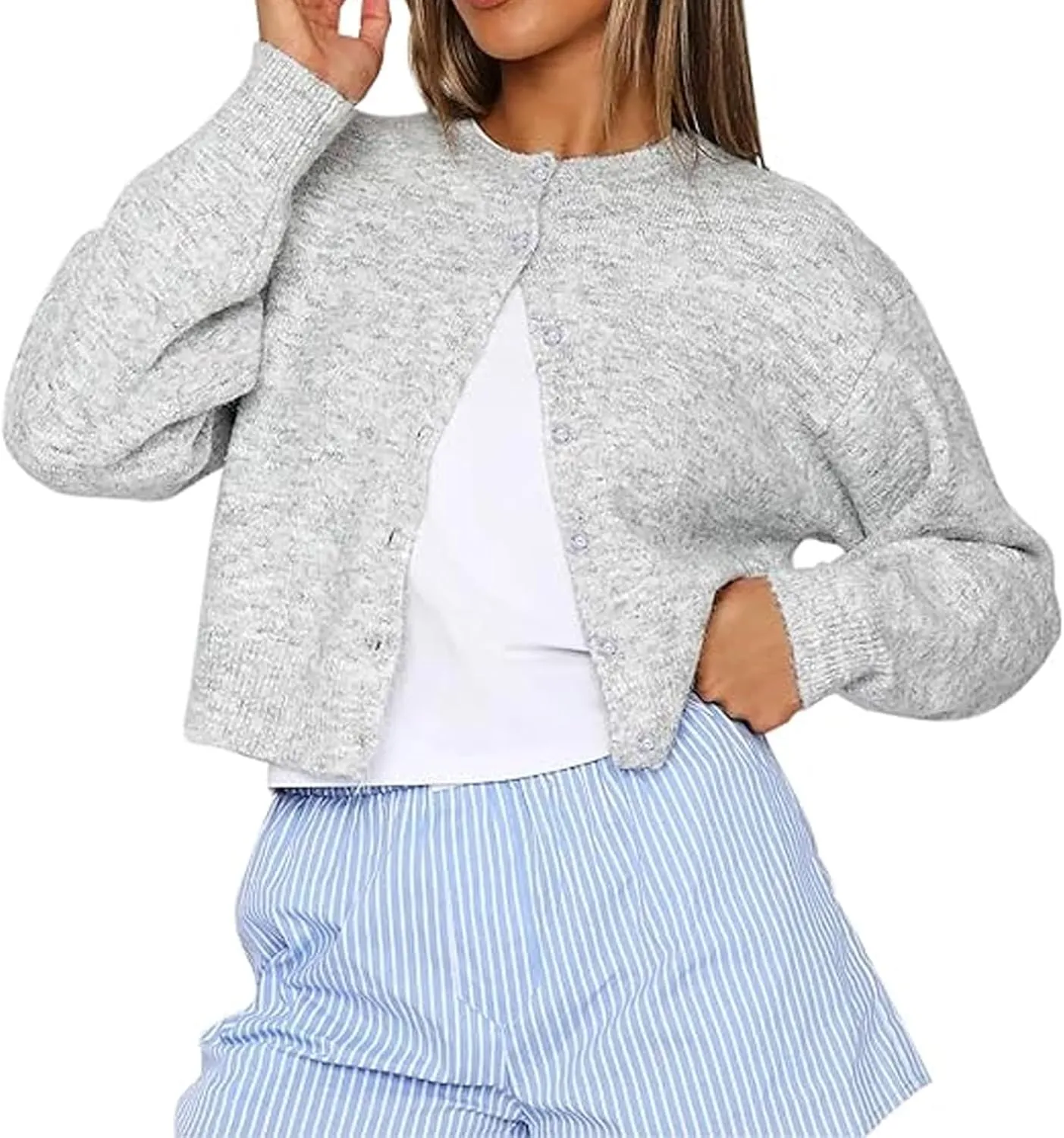 Womens Y2K Cardigan Sweaters Long Sleeve Open Front Button Down Crop Sweater Solid Knit Pullover Fall Outfits Tops