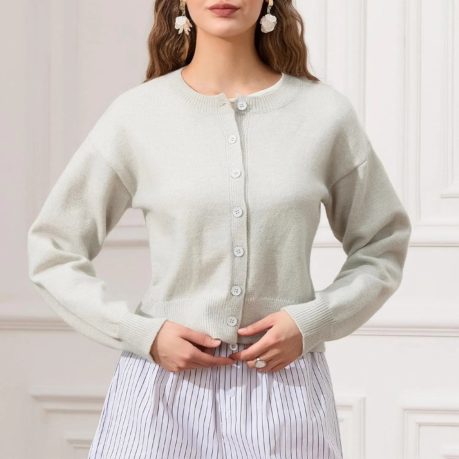 Womens Y2K Cardigan Sweaters Long Sleeve Open Front Button Down Crop Sweater Solid Knit Pullover Fall Outfits Tops