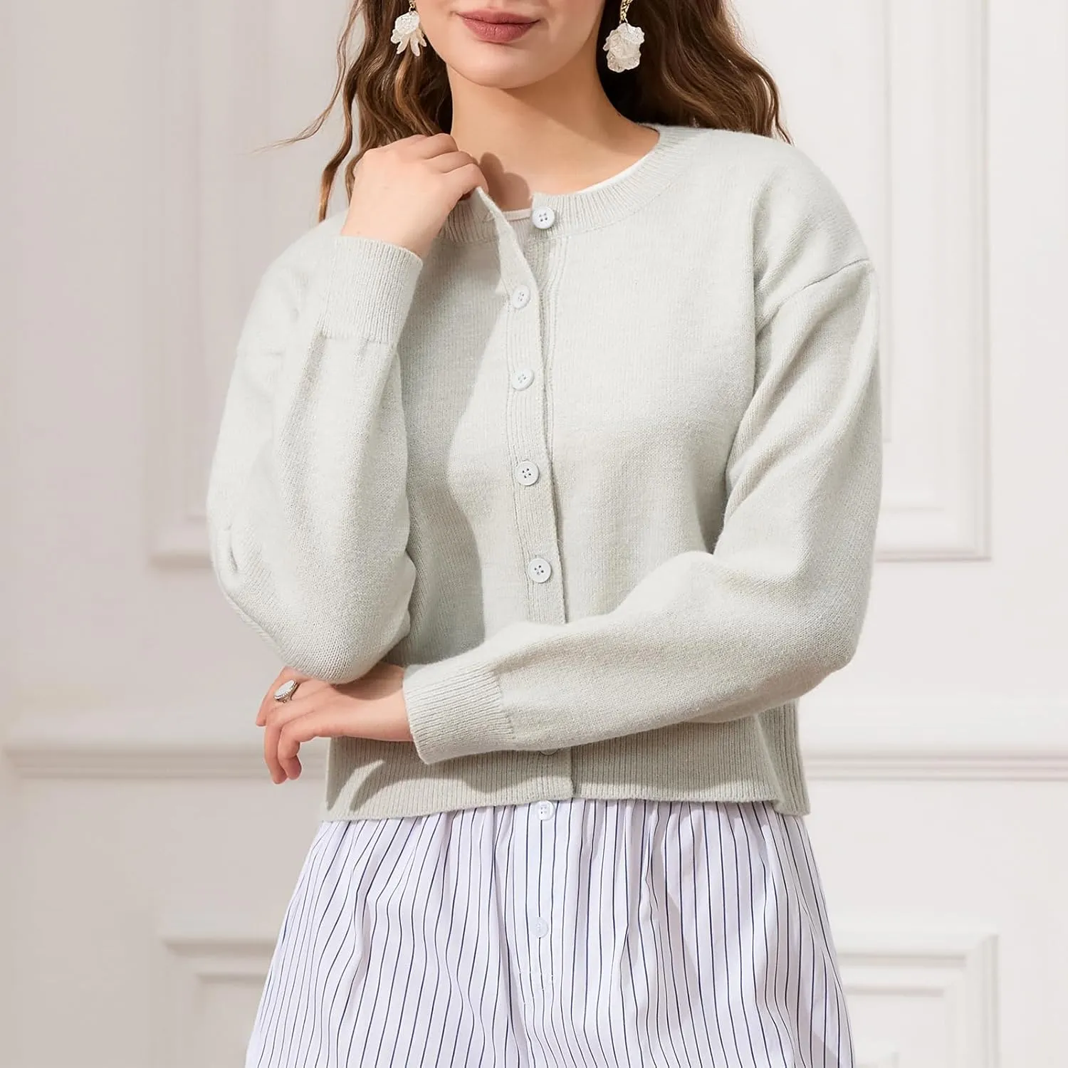 Womens Y2K Cardigan Sweaters Long Sleeve Open Front Button Down Crop Sweater Solid Knit Pullover Fall Outfits Tops