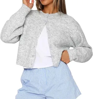 Womens Y2K Cardigan Sweaters Long Sleeve Open Front Button Down Crop Sweater Solid Knit Pullover Fall Outfits Tops