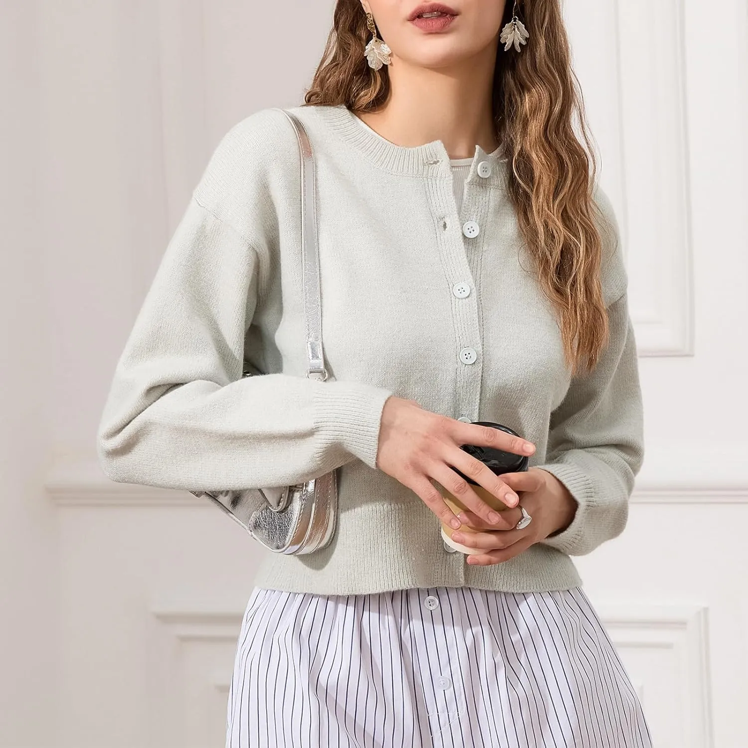 Womens Y2K Cardigan Sweaters Long Sleeve Open Front Button Down Crop Sweater Solid Knit Pullover Fall Outfits Tops