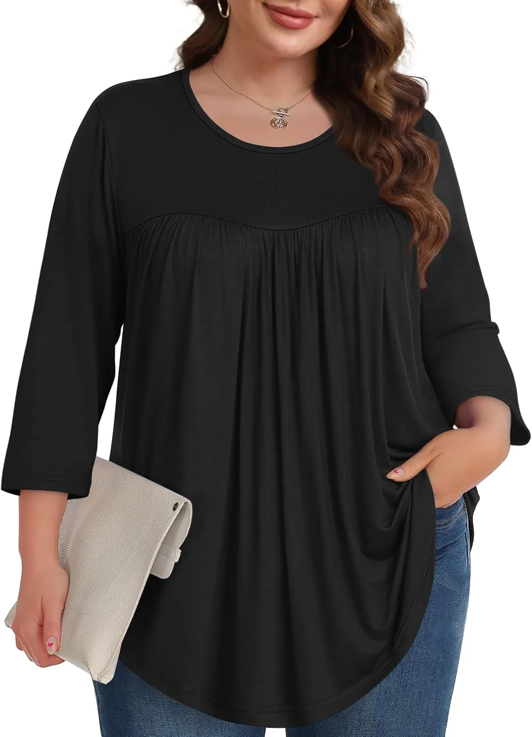 XIEERDUO 3/4 Length Sleeve Womens Tops Crew Neck Pleated Blouses For Women Dressy Casual Tunic Shirts S-3XL
