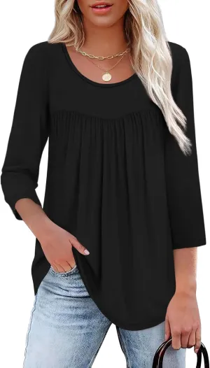 XIEERDUO 3/4 Length Sleeve Womens Tops Crew Neck Pleated Blouses For Women Dressy Casual Tunic Shirts S-3XL