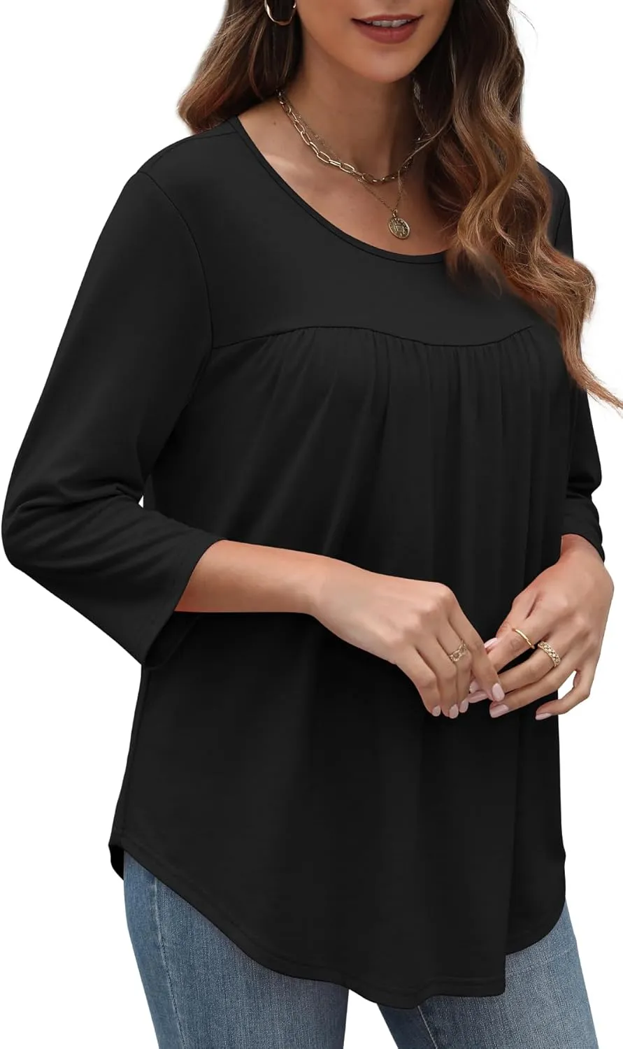 XIEERDUO 3/4 Length Sleeve Womens Tops Crew Neck Pleated Blouses For Women Dressy Casual Tunic Shirts S-3XL