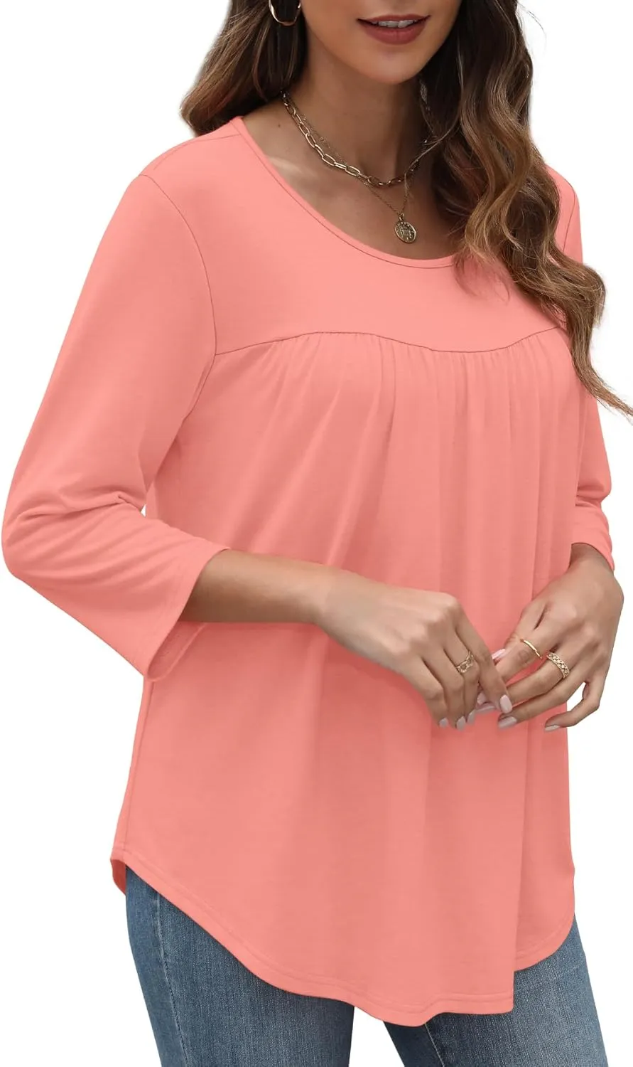 XIEERDUO 3/4 Length Sleeve Womens Tops Crew Neck Pleated Blouses For Women Dressy Casual Tunic Shirts S-3XL