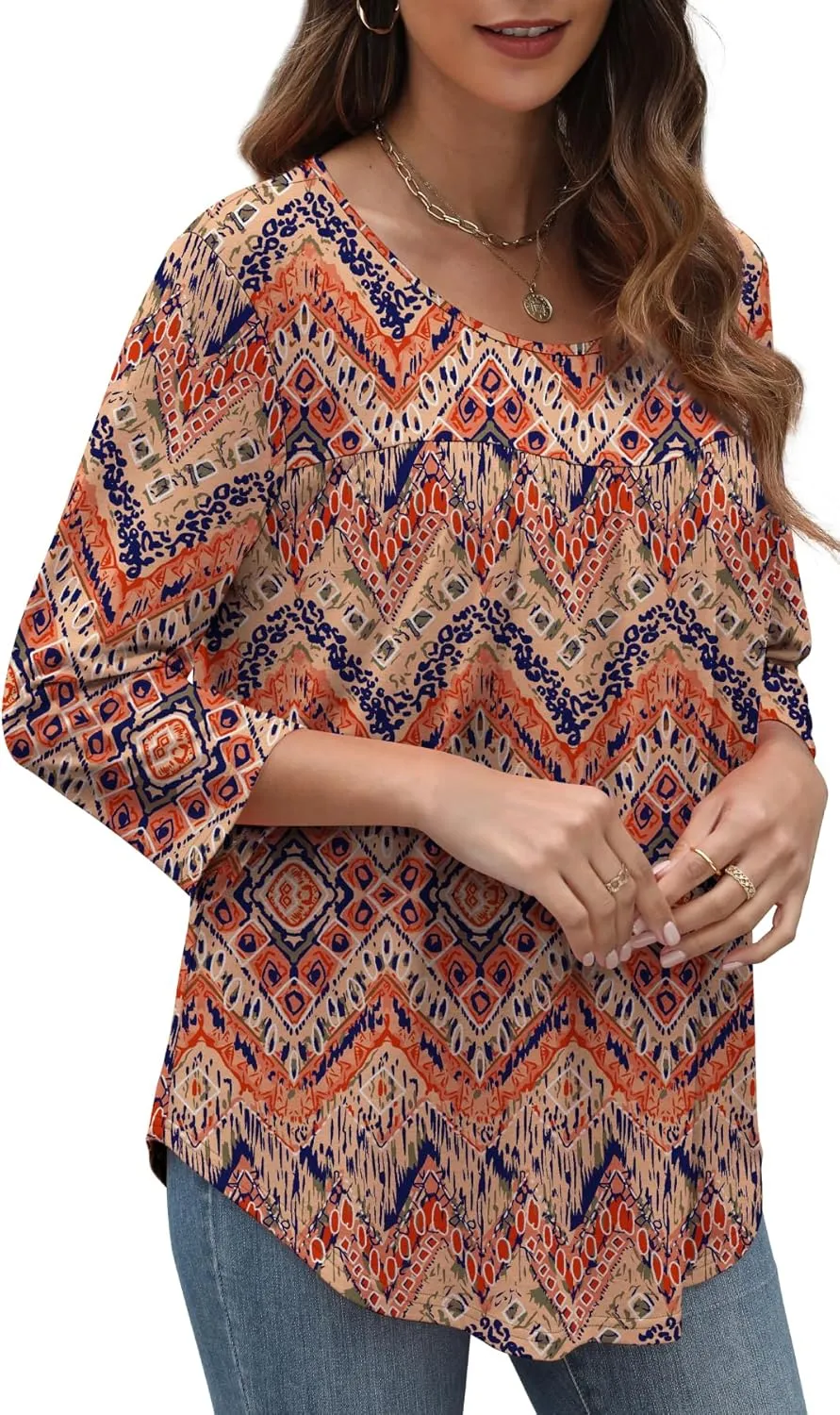 XIEERDUO 3/4 Length Sleeve Womens Tops Crew Neck Pleated Blouses For Women Dressy Casual Tunic Shirts S-3XL