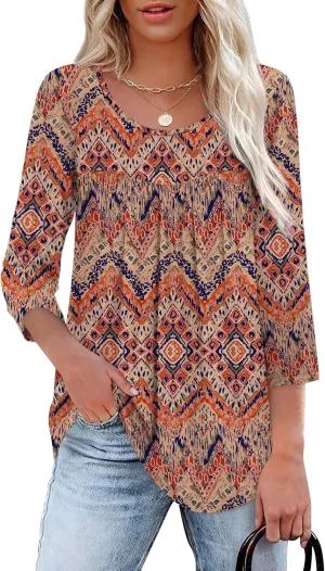 XIEERDUO 3/4 Length Sleeve Womens Tops Crew Neck Pleated Blouses For Women Dressy Casual Tunic Shirts S-3XL