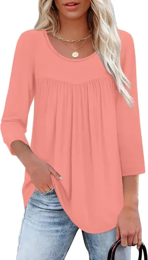 XIEERDUO 3/4 Length Sleeve Womens Tops Crew Neck Pleated Blouses For Women Dressy Casual Tunic Shirts S-3XL