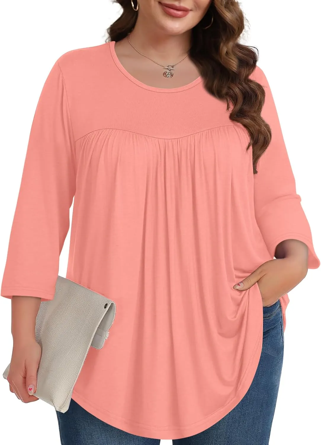 XIEERDUO 3/4 Length Sleeve Womens Tops Crew Neck Pleated Blouses For Women Dressy Casual Tunic Shirts S-3XL