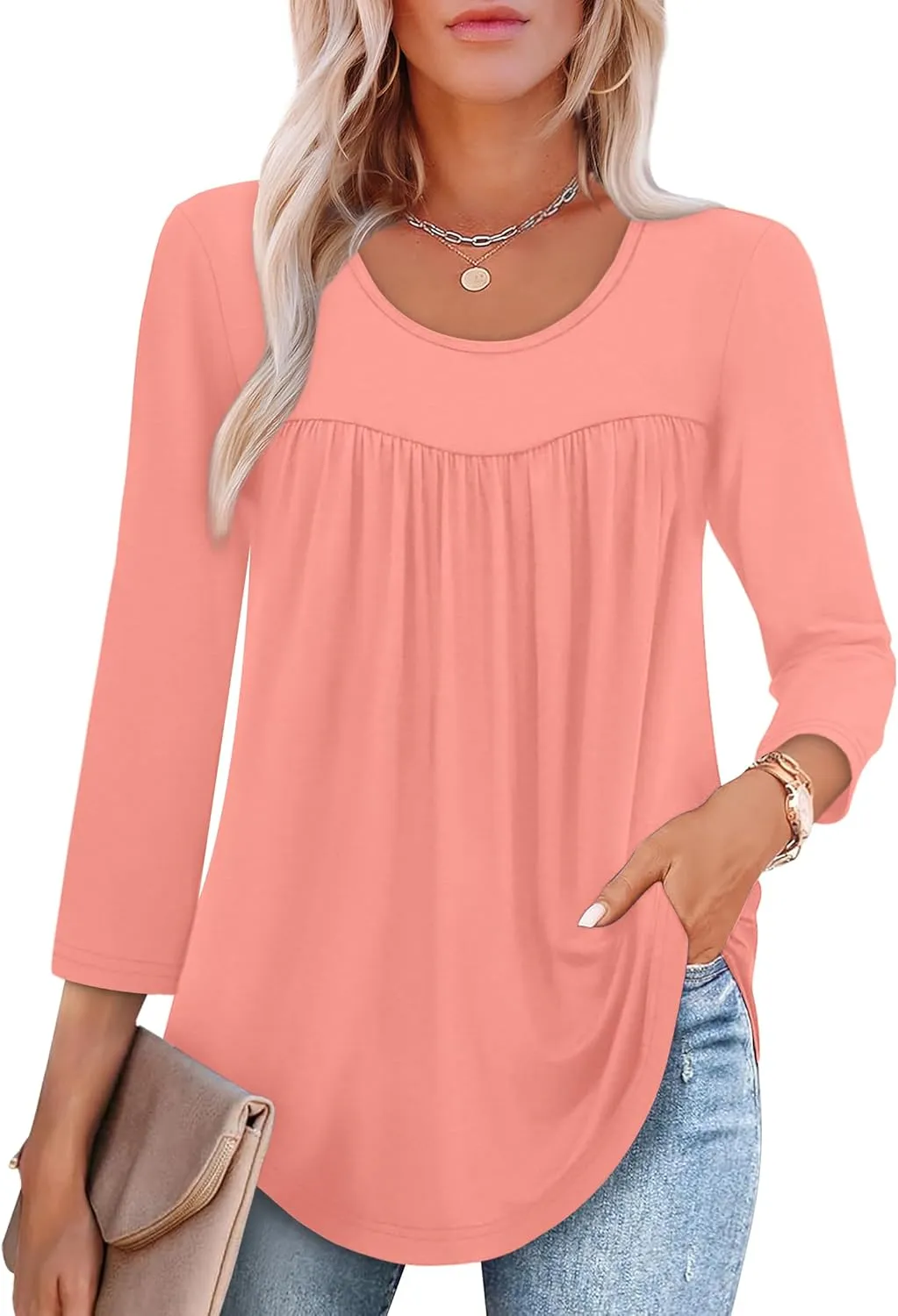 XIEERDUO 3/4 Length Sleeve Womens Tops Crew Neck Pleated Blouses For Women Dressy Casual Tunic Shirts S-3XL